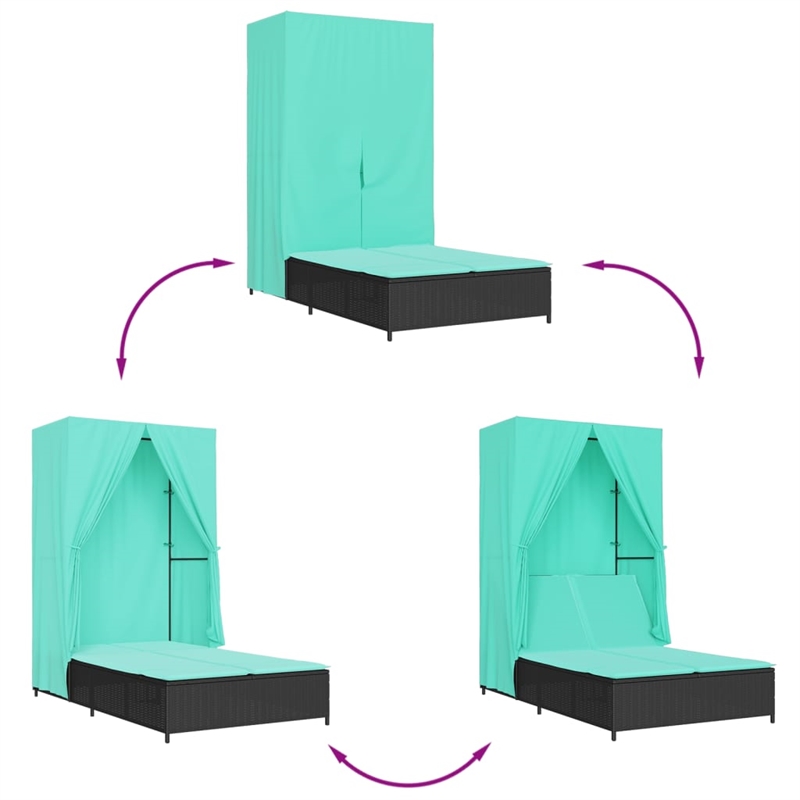 vidaXL Poly Rattan Double Sun Lounger with Roof and Curtains in Black