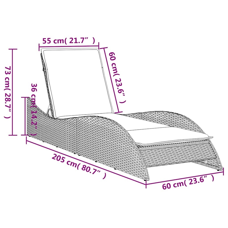 vidaXL Poly Rattan Sun Lounger w/ Cushion in Grey