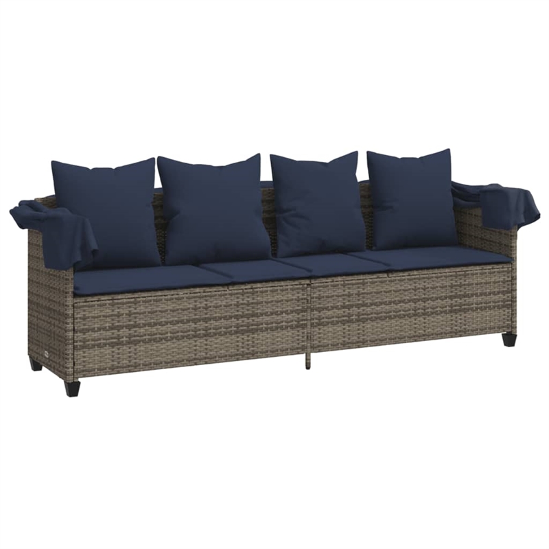 vidaXL Poly Rattan Sun Lounger w/ Canopy & Cushions in Gray