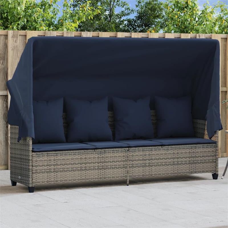 vidaXL Poly Rattan Sun Lounger w/ Canopy & Cushions in Gray