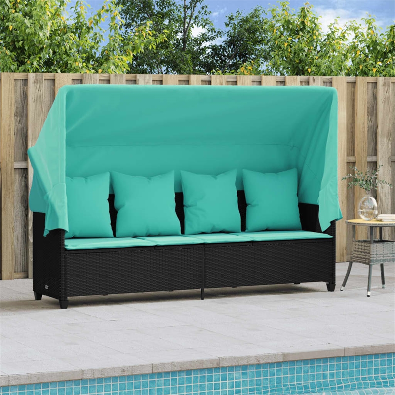 vidaXL Poly Rattan Sun Lounger w/ Canopy & Cushions in Black