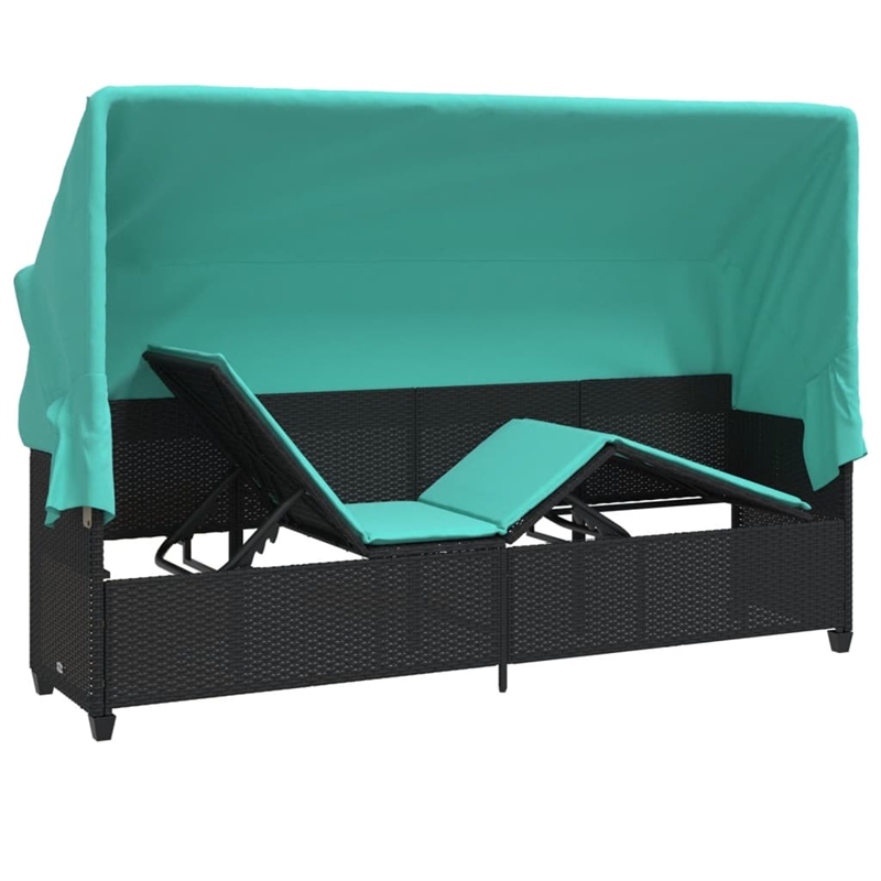 vidaXL Poly Rattan Sun Lounger w/ Canopy & Cushions in Black