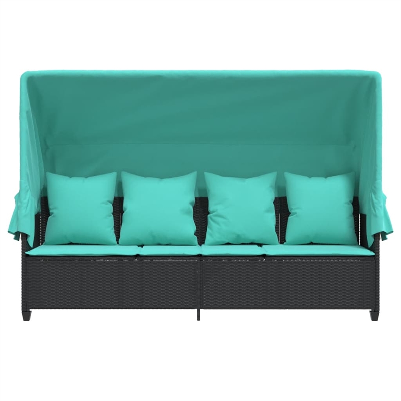 vidaXL Poly Rattan Sun Lounger w/ Canopy & Cushions in Black