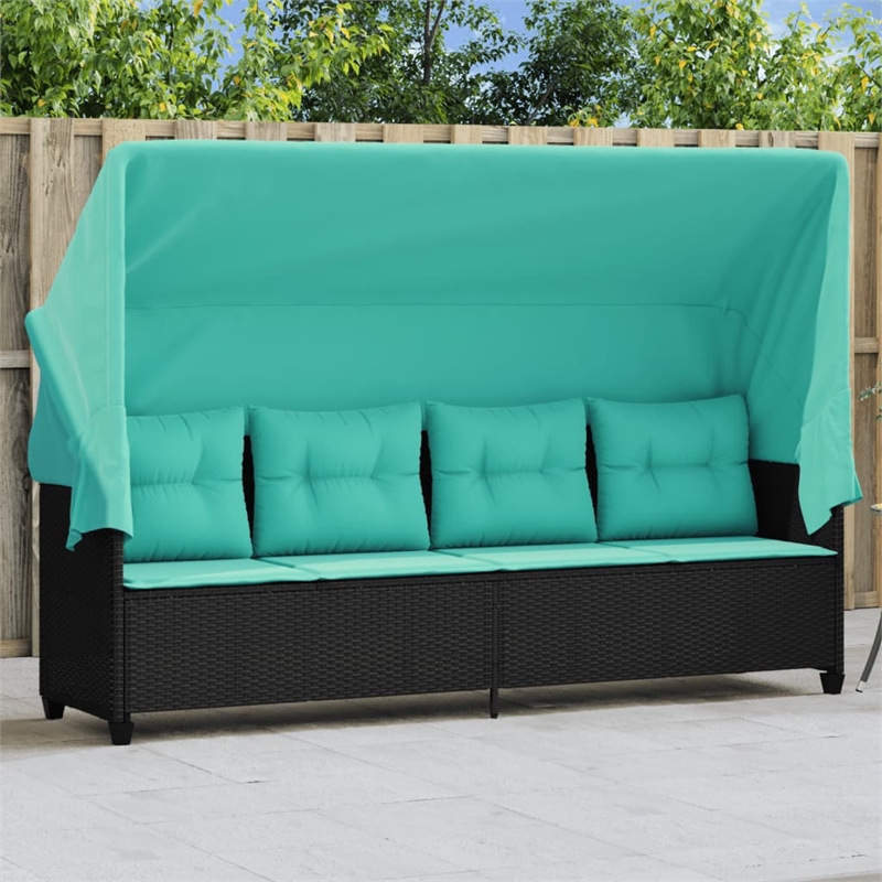 vidaXL Poly Rattan Sun Lounger w/ Canopy & Cushions in Black