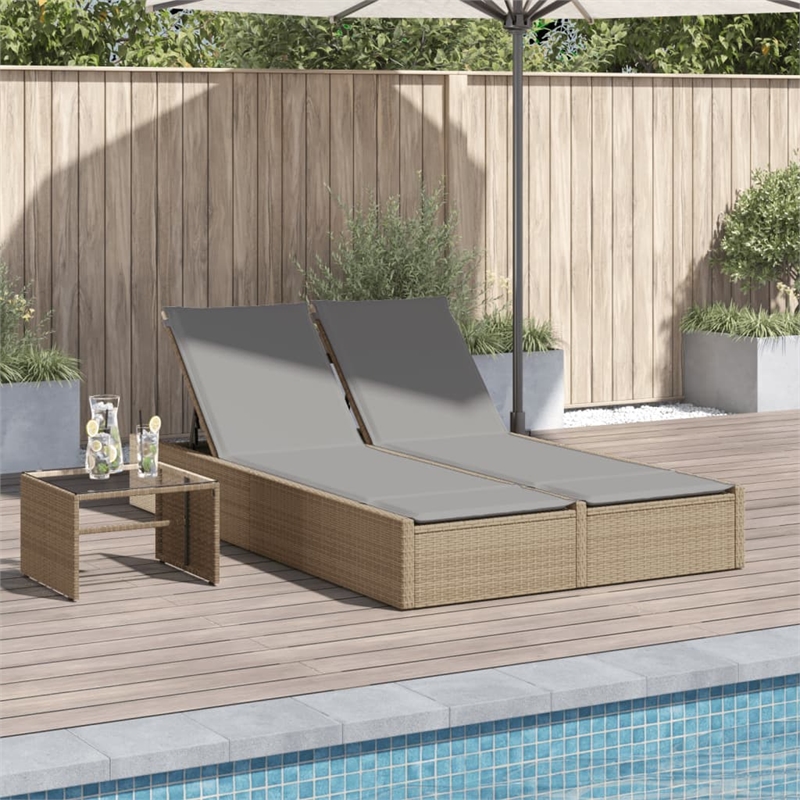 vidaXL Poly Rattan Double Sun Lounger w/ Cushions in Beige