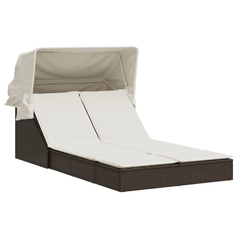 vidaXL Poly Rattan Double Sun Lounger w/ Canopy & Cushions in Brown