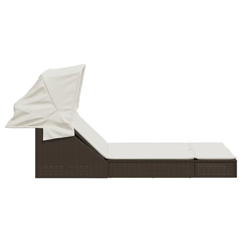 vidaXL Poly Rattan Double Sun Lounger w/ Canopy & Cushions in Brown