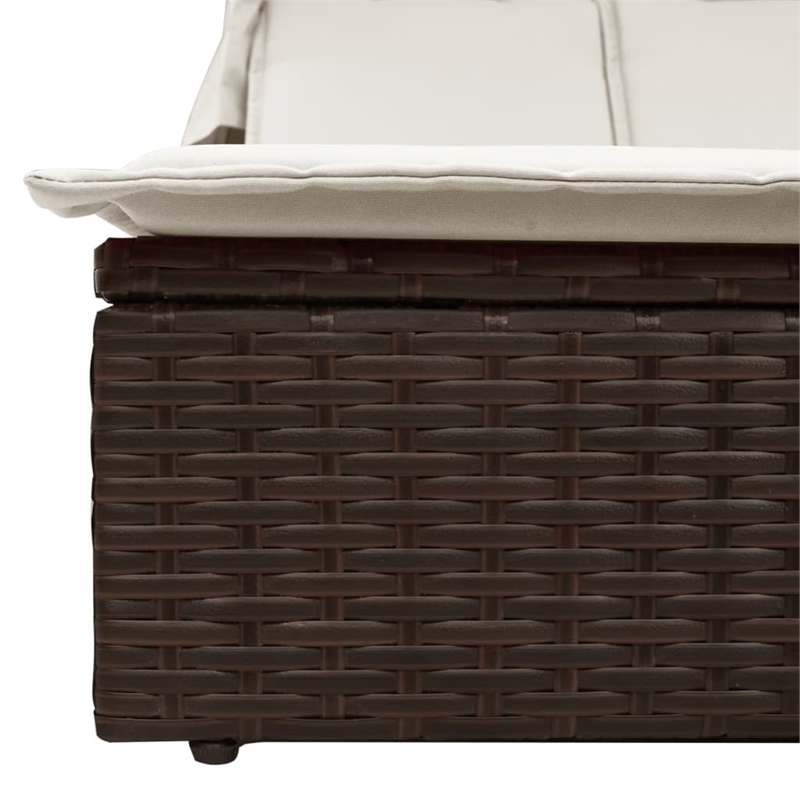 vidaXL Poly Rattan Double Sun Lounger w/ Canopy & Cushions in Brown