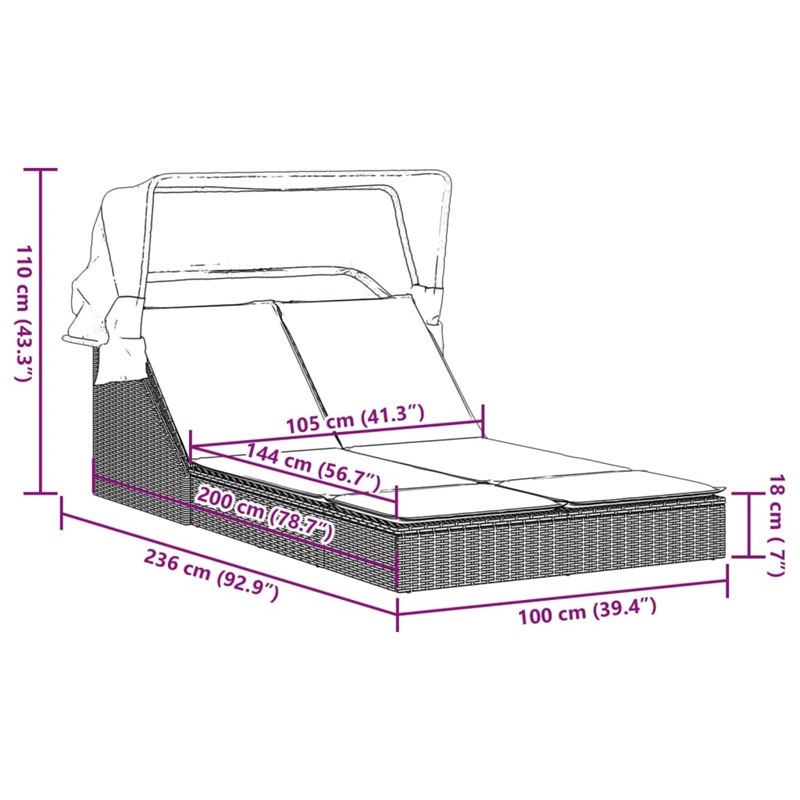 vidaXL Poly Rattan Double Sun Lounger w/ Canopy & Cushions in Brown