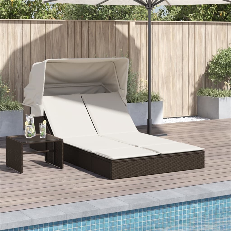 vidaXL Poly Rattan Double Sun Lounger w/ Canopy & Cushions in Brown