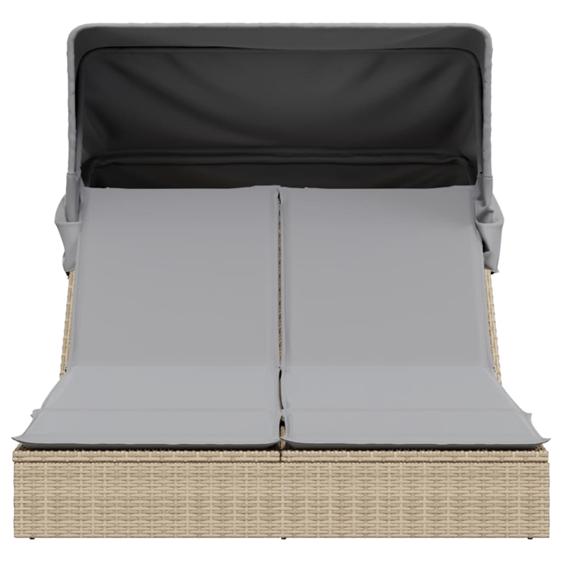 vidaXL Poly Rattan Double Sun Lounger w/ Canopy & Cushions in Beige
