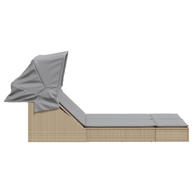 vidaXL Poly Rattan Double Sun Lounger w/ Canopy & Cushions in Beige