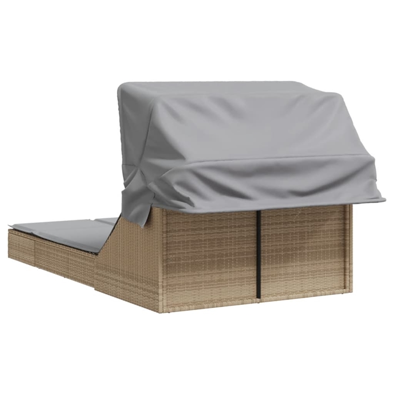 vidaXL Poly Rattan Double Sun Lounger w/ Canopy & Cushions in Beige