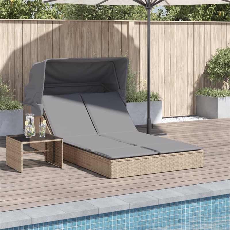 vidaXL Poly Rattan Double Sun Lounger w/ Canopy & Cushions in Beige