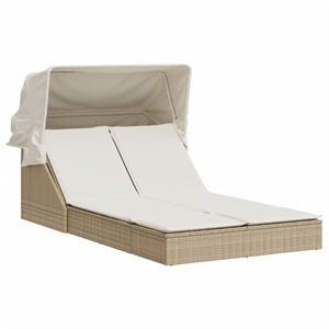 vidaXL Poly Rattan Double Sun Lounger w/ Canopy & Cushions in Light Grey