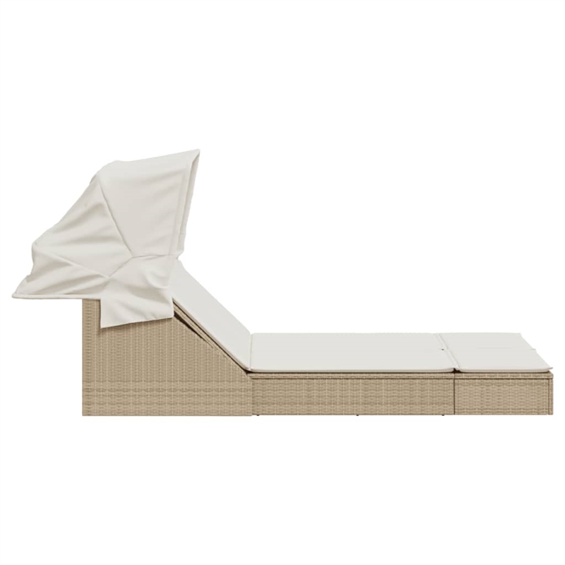 vidaXL Poly Rattan Double Sun Lounger w/ Canopy & Cushions in Light Grey