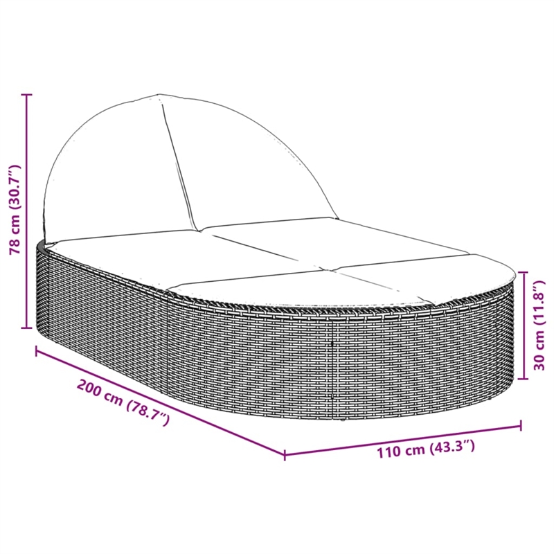 vidaXL Poly Rattan Double Sun Lounger w/ Cushions in Brown