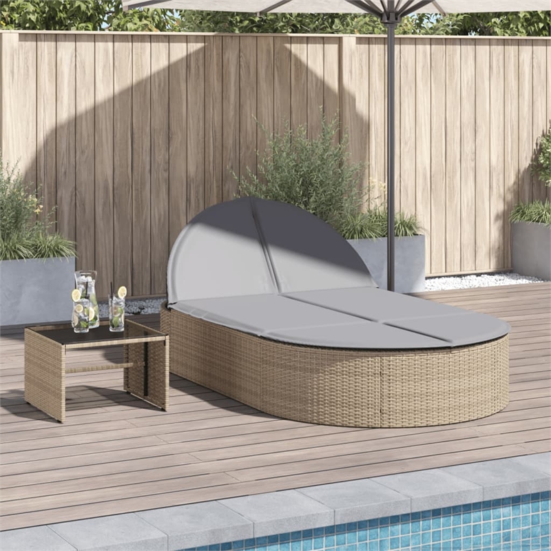 vidaXL Poly Rattan Double Sun Lounger w/ Cushions in Light Grey