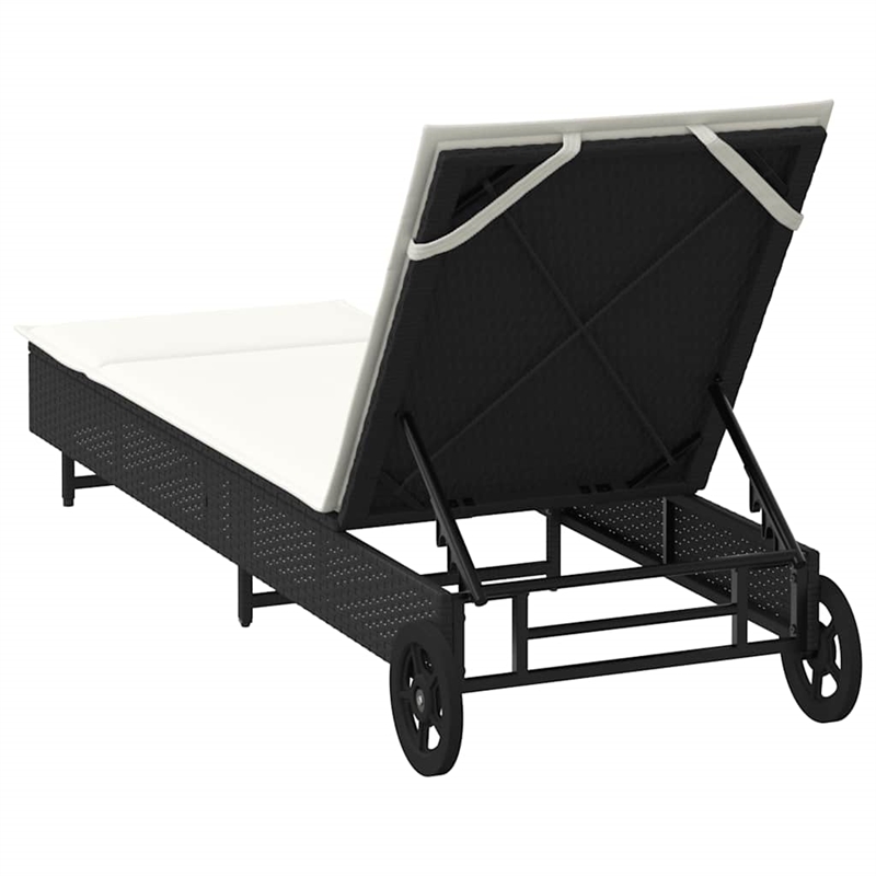vidaXL Poly Rattan Sun Lounger w/ Wheels & Cushion in Black