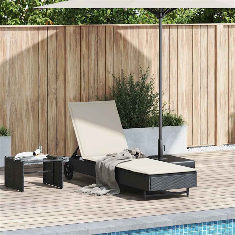 vidaXL Poly Rattan Sun Lounger w/ Wheels & Cushion in Black