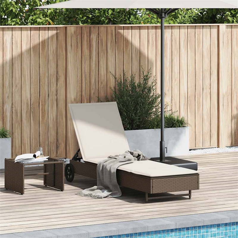vidaXL Poly Rattan Sun Lounger w/ Wheels & Cushion in Brown