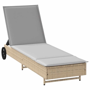 vidaXL Poly Rattan Sun Lounger w/ Wheels & Cushion in Beige