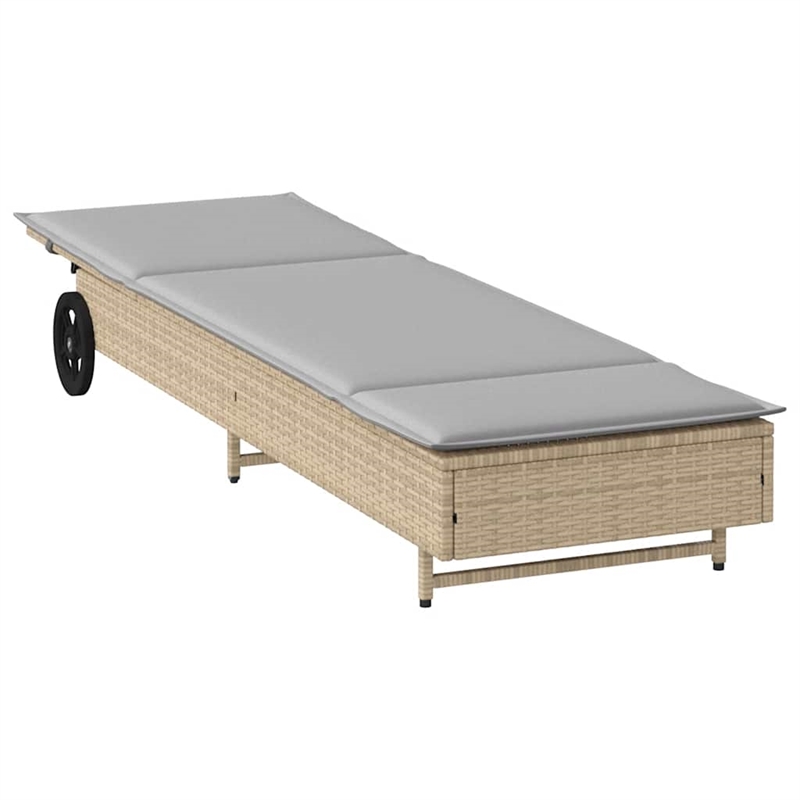 vidaXL Poly Rattan Sun Lounger w/ Wheels & Cushion in Beige