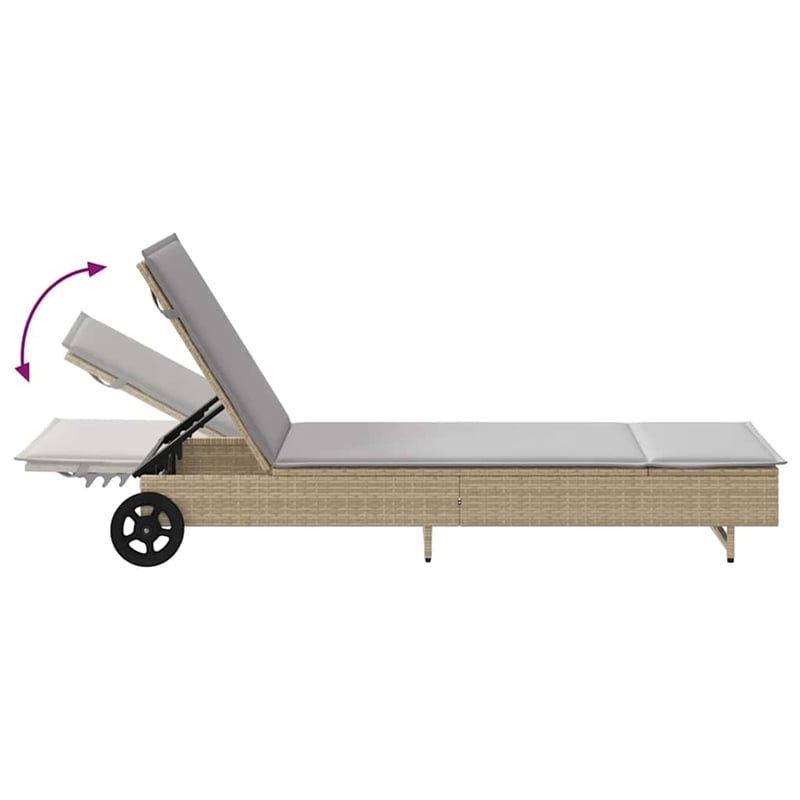 vidaXL Poly Rattan Sun Lounger w/ Wheels & Cushion in Beige