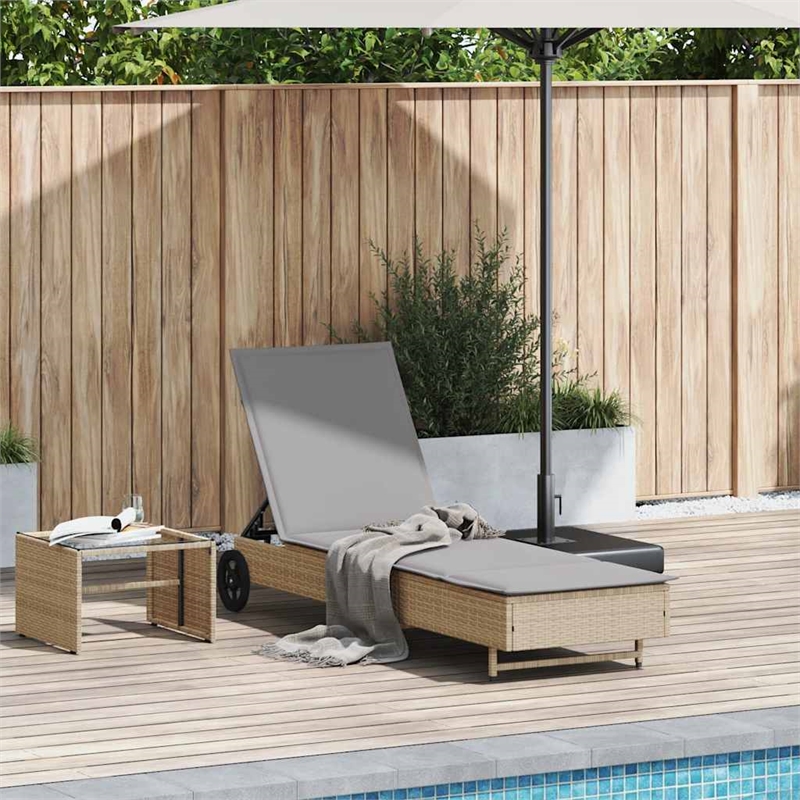 vidaXL Poly Rattan Sun Lounger w/ Wheels & Cushion in Beige