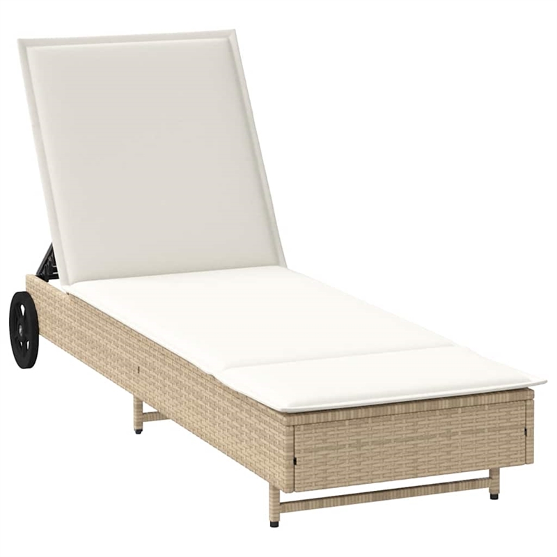 vidaXL Poly Rattan Sun Lounger w/ Wheels & Cushion in Beige