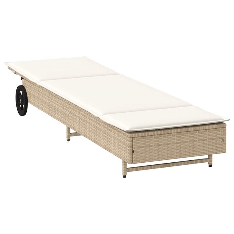 vidaXL Poly Rattan Sun Lounger w/ Wheels & Cushion in Beige