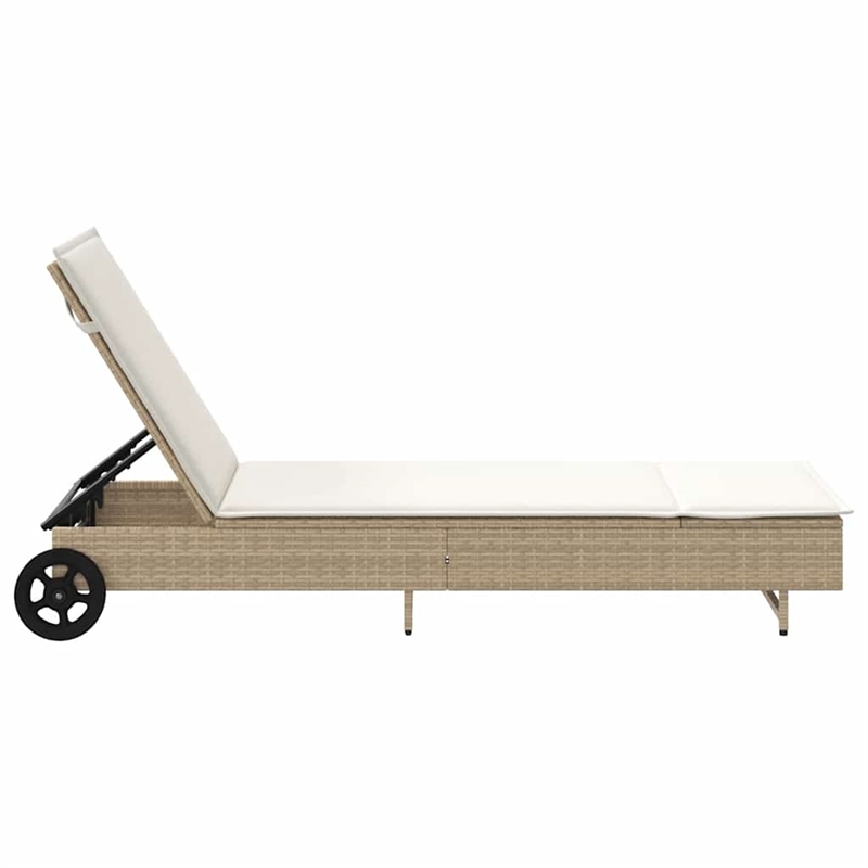 vidaXL Poly Rattan Sun Lounger w/ Wheels & Cushion in Beige