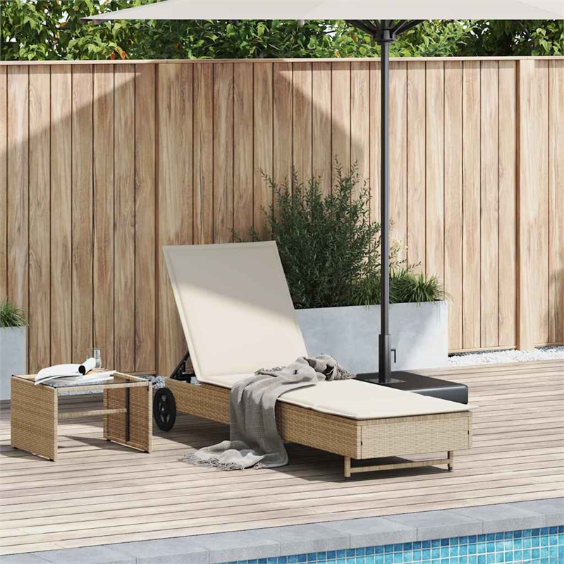 vidaXL Poly Rattan Sun Lounger w/ Wheels & Cushion in Beige