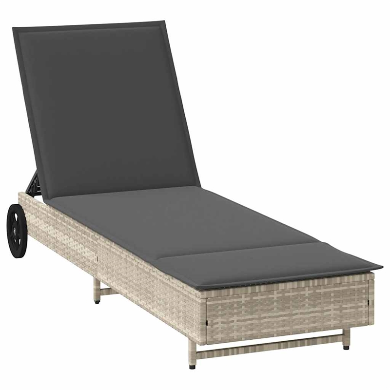 vidaXL Poly Rattan Sun Lounger w/ Wheels & Cushion in Light Grey