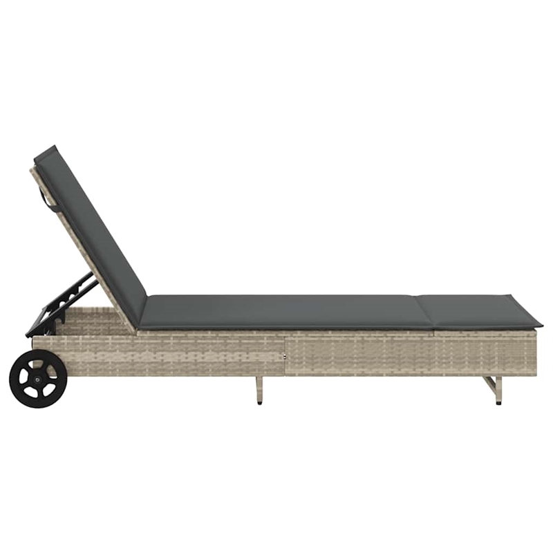 vidaXL Poly Rattan Sun Lounger w/ Wheels & Cushion in Light Grey