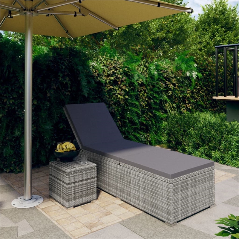 vidaXL Poly Rattan Sun Lounger with Cushion & Tea Table in Grey