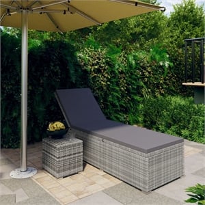 vidaXL Poly Rattan Sun Lounger with Cushion & Tea Table in Grey