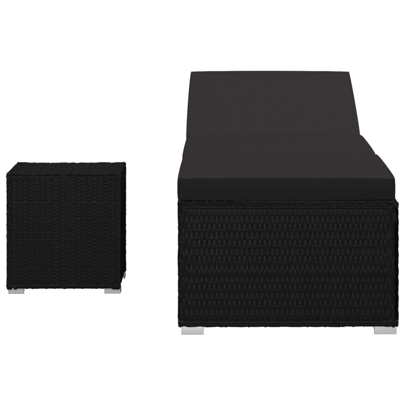 vidaXL Poly Rattan Sun Lounger with Cushion & Tea Table in Black