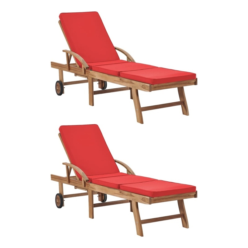 vidaXL Teak Wood Sun Lounger in Red (Set of 2)