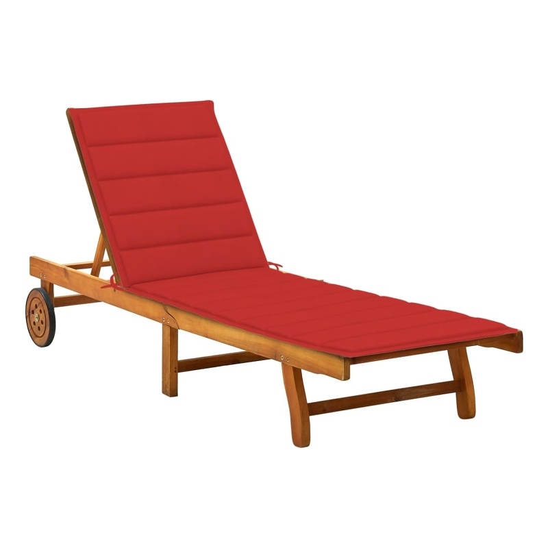 vidaXL Solid Acacia Wood Sun Lounger in Brown/Red Cushions