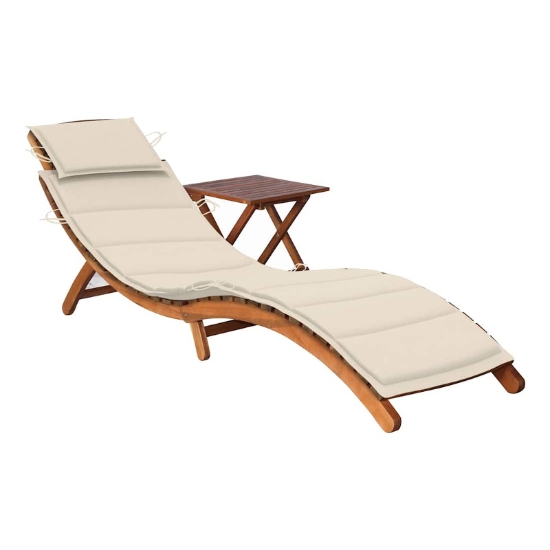 vidaXL Solid Acacia Wood Sun Lounger and Table in Cream
