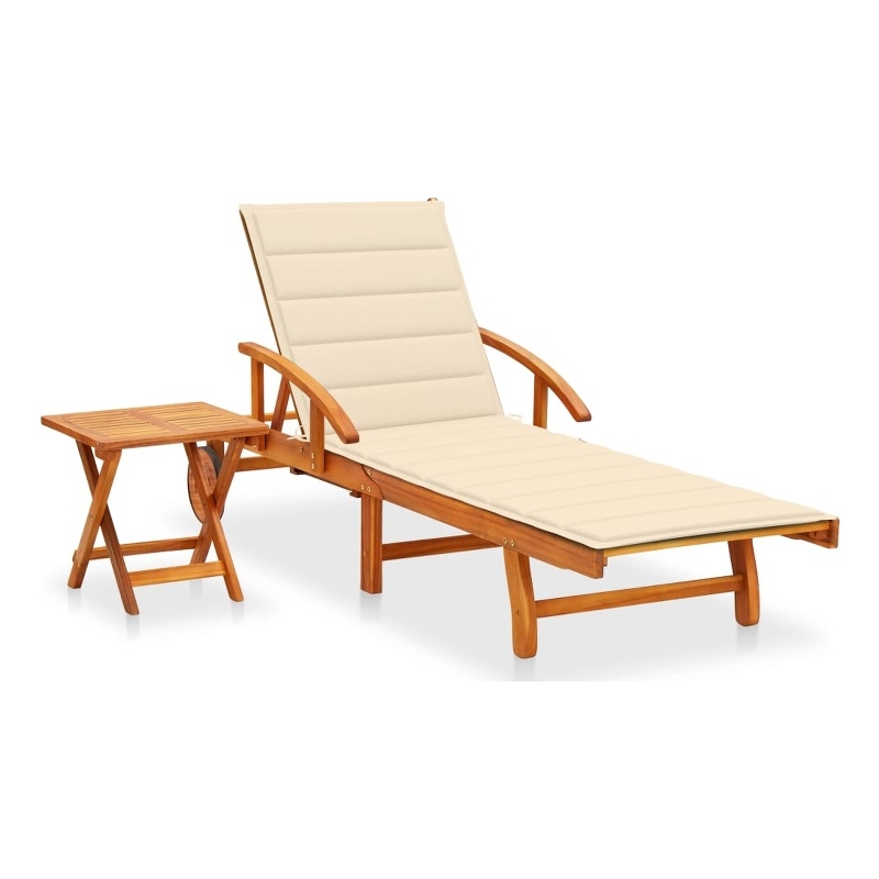 vidaXL Solid Acacia Wood Sun Lounger and Table in Cream