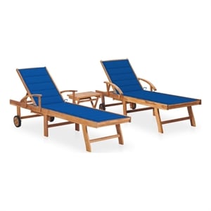 vidaXL Teak Wood 2 Pc Sun Lounger with Table and Cushion in Blue