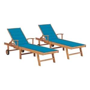 vidaXL Teak Wood Sun Lounger in Blue Cushion (Set of 2)