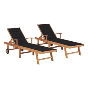 vidaXL Teak Wood Sun Lounger in Black Cushion (Set of 2)