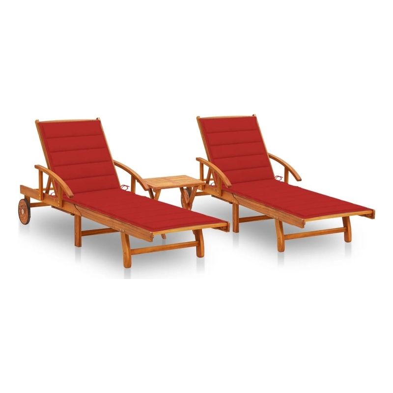 vidaXL Solid Acacia Wood 2 Pc Sun Lounger and Table w/ Cushions in Red