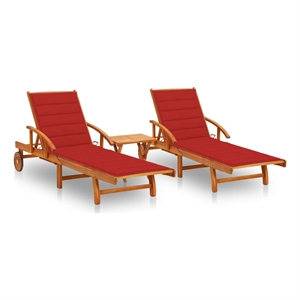 vidaXL Solid Acacia Wood 2 Pc Sun Lounger and Table w/ Cushions in Red