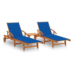 vidaXL Solid Acacia Wood 2 Pc Sun Lounger and Table with Cushions in Blue