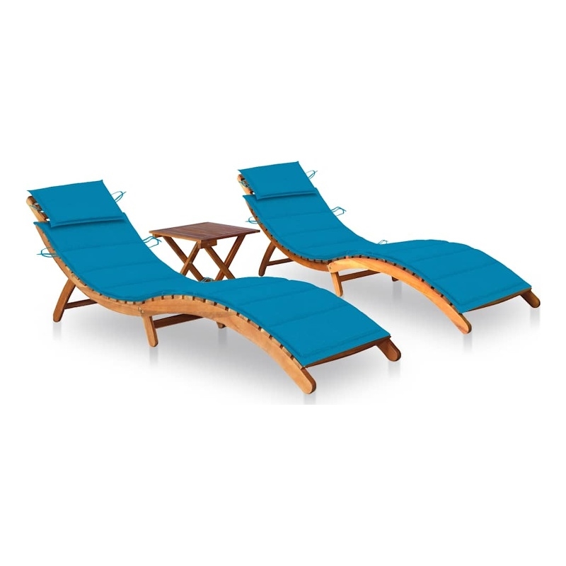 vidaXL Solid Acacia Wood Sun Lounger in Blue Cushions