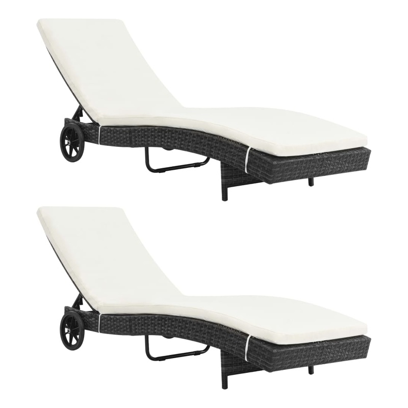 vidaXL PE Rattan Sun Lounger with Wheels in Black (Set of 2)